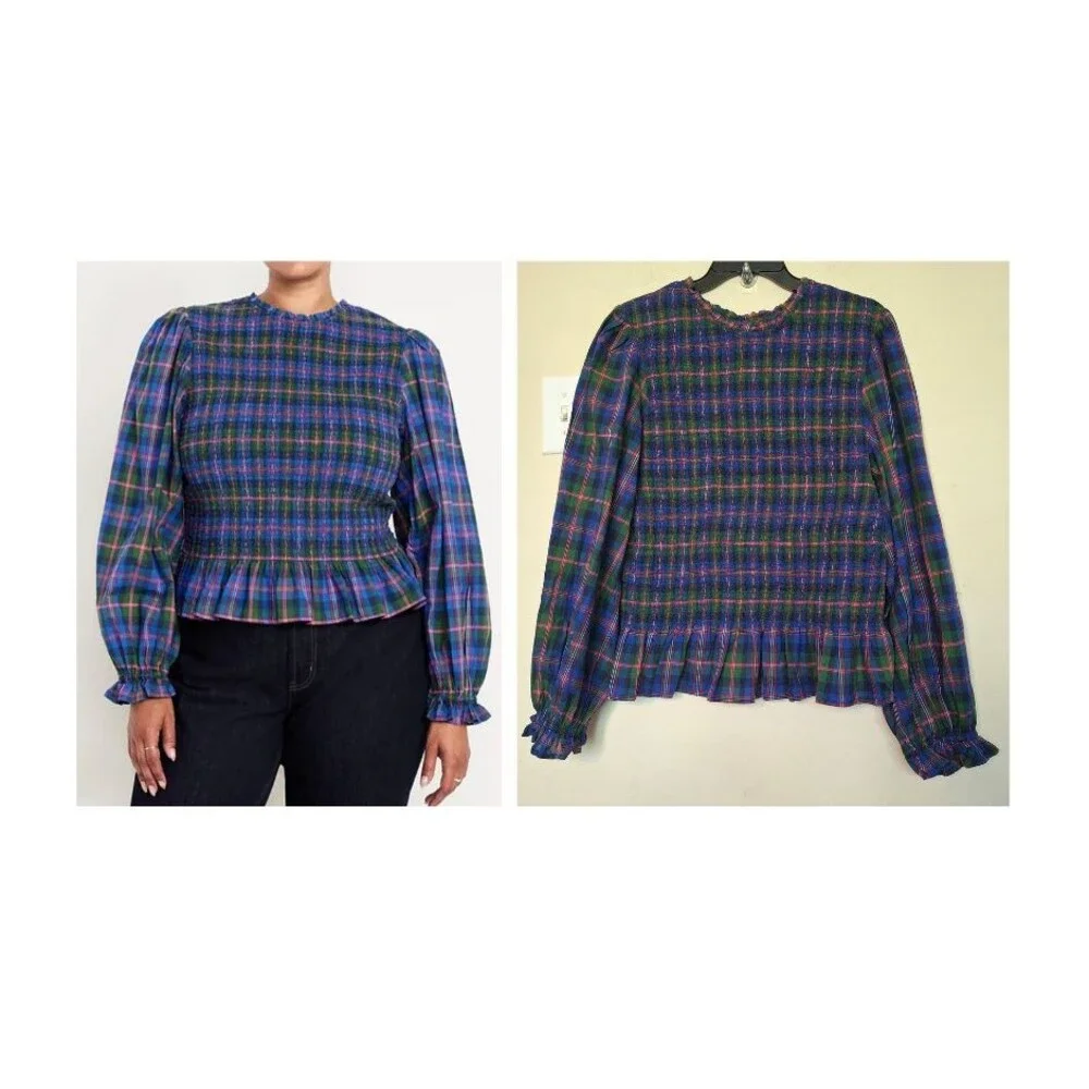 NEW Old Navy Plaid Tartan Smocked Peplum Top Blue XL Cottage Holidays Preppy